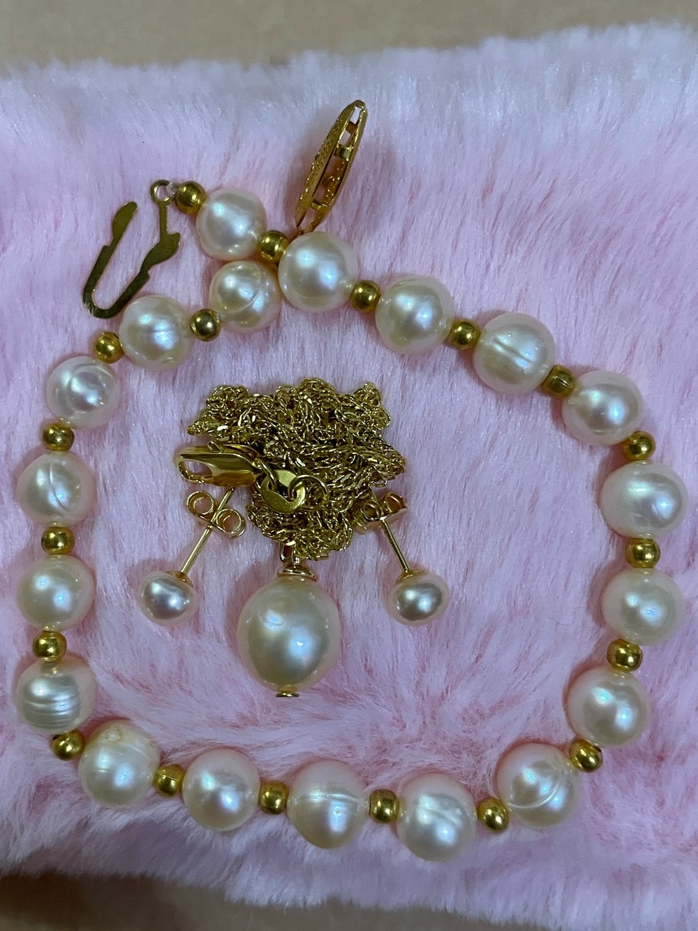 14K Yellow Gold Plated Natural South Sea Pearl Necklace Bracelet Earrings 6-7 mm